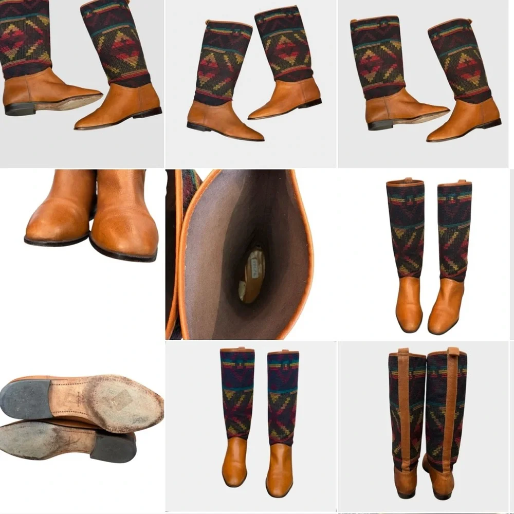 Vintage Unisa Aztec Western Boho Multicolor Knee-High Leather Boots